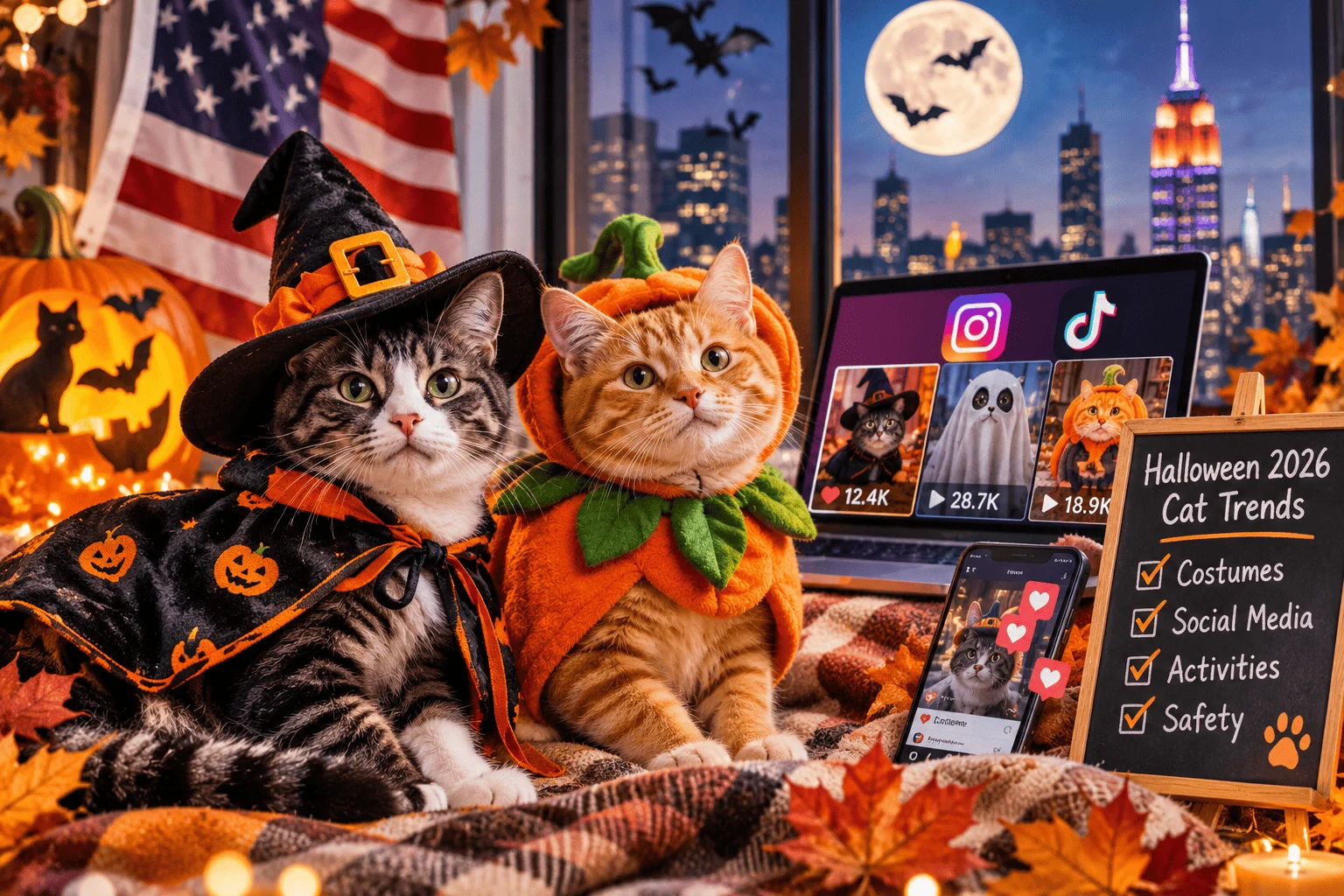 Two cats wearing Halloween costumes beside a laptop displaying cat-themed Instagram and TikTok posts, with pumpkins and American Halloween decorations.