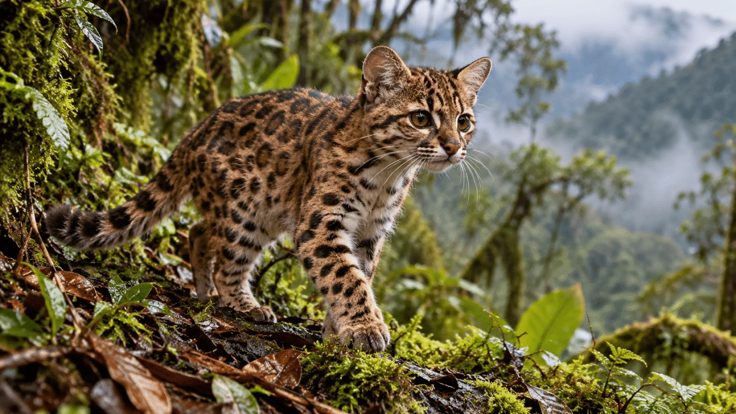 AI-generated illustration of Leopardus tilcayo, a small spotted wild cat, standing in Bolivia’s misty Yungas cloud forest.