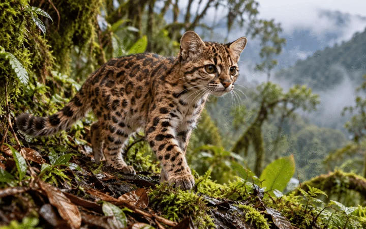 AI-generated illustration of Leopardus tilcayo, a small spotted wild cat, standing in Bolivia’s misty Yungas cloud forest.