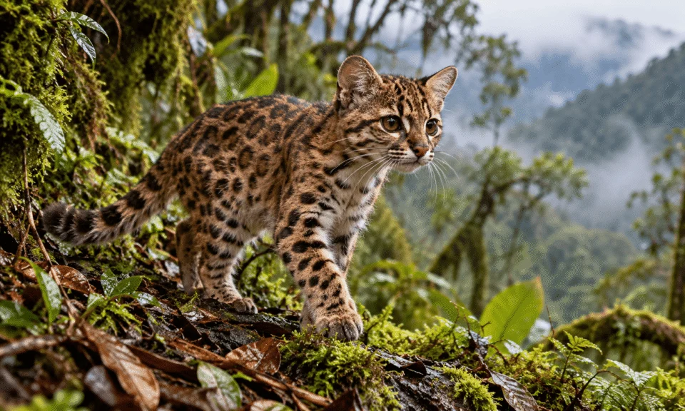 AI-generated illustration of Leopardus tilcayo, a small spotted wild cat, standing in Bolivia’s misty Yungas cloud forest.