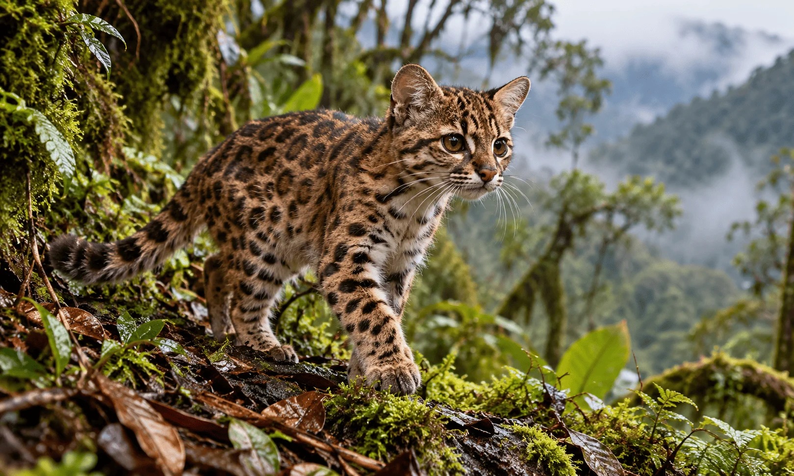 AI-generated illustration of Leopardus tilcayo, a small spotted wild cat, standing in Bolivia’s misty Yungas cloud forest.