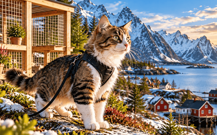 Tabby cat wearing a harness outdoors in a snowy Scandinavian landscape with mountains, a fjord, and a wooden catio.