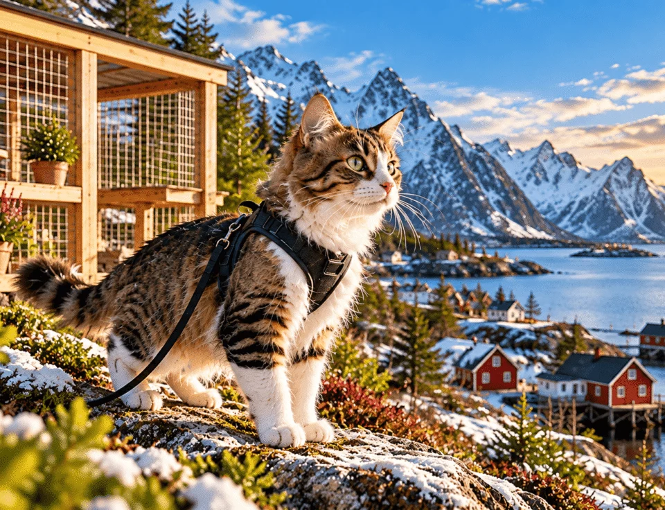 Tabby cat wearing a harness outdoors in a snowy Scandinavian landscape with mountains, a fjord, and a wooden catio.