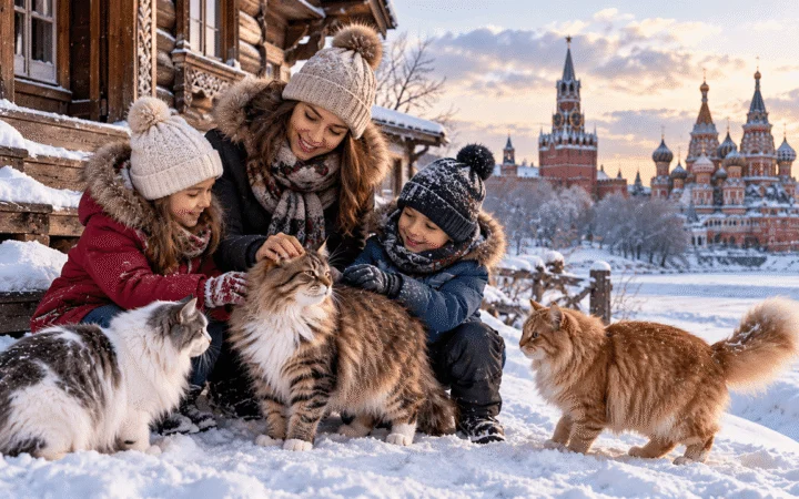 A Russian mother and her two children pet fluffy cats outdoors in a snowy setting near traditional Russian architecture.