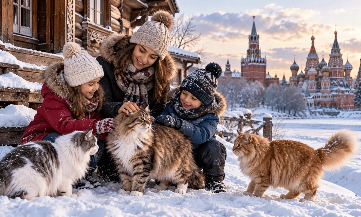 A Russian mother and her two children pet fluffy cats outdoors in a snowy setting near traditional Russian architecture.
