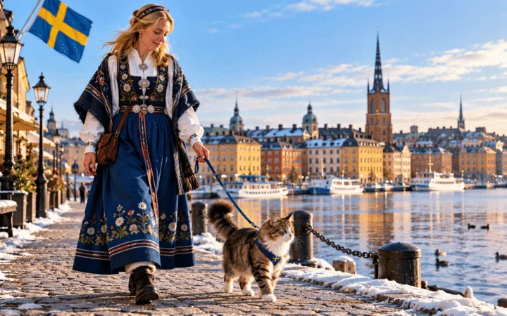 Swedish woman in traditional blue folk clothing walking her cat on a leash along a snowy Stockholm waterfront.