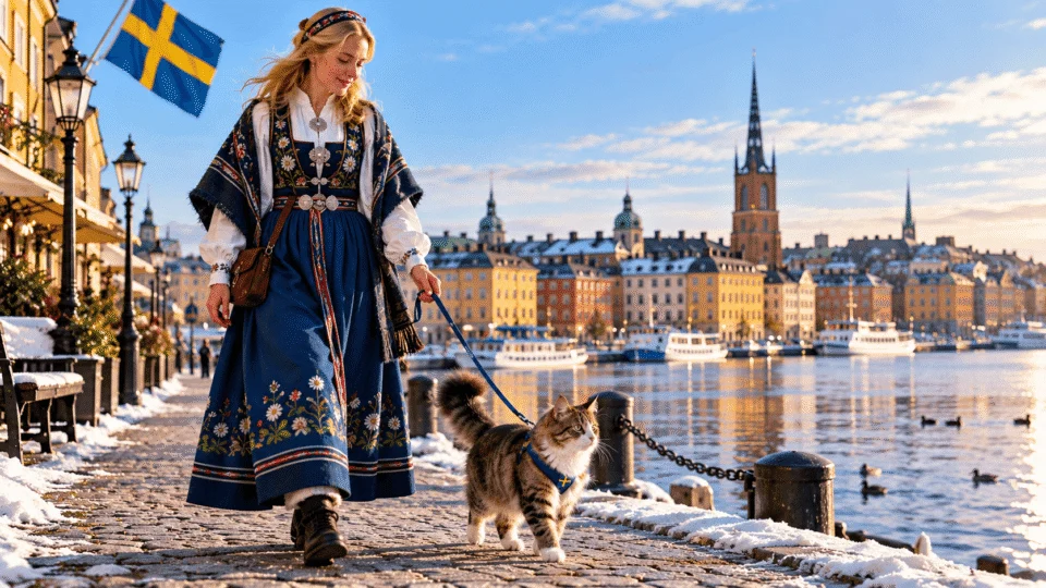 Swedish woman in traditional blue folk clothing walking her cat on a leash along a snowy Stockholm waterfront.
