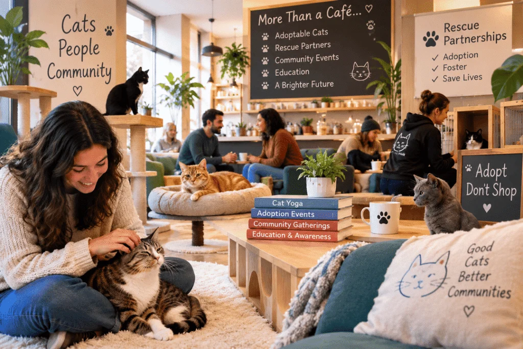 Modern cat lounge where visitors relax with cats while adoption, rescue partnerships, and community events bring people together.