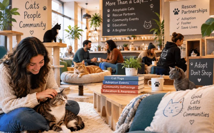 Modern cat lounge where visitors relax with cats while adoption, rescue partnerships, and community events bring people together.